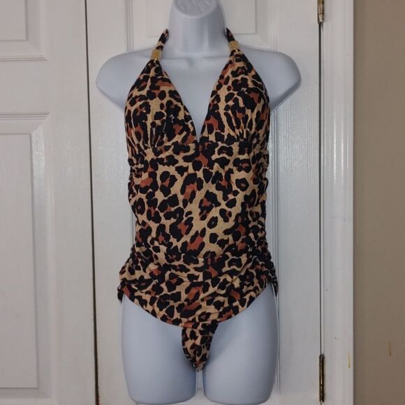 Brown Leopard  print   one piece bathing suit  swimsuit Sz L - Picture 1 of 6